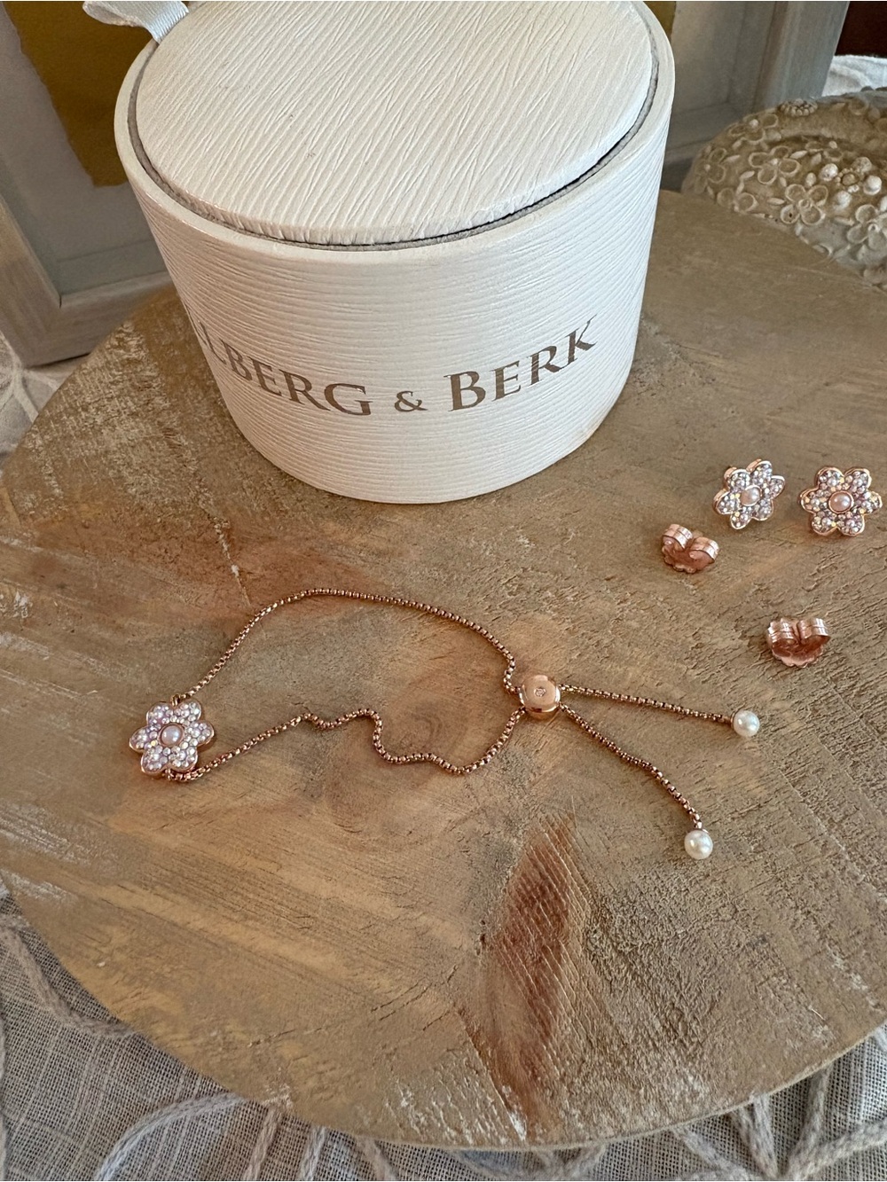 Hillberg & Berk Rose Gold Flower Pearl Crystal Bracelet & Earrings Set
